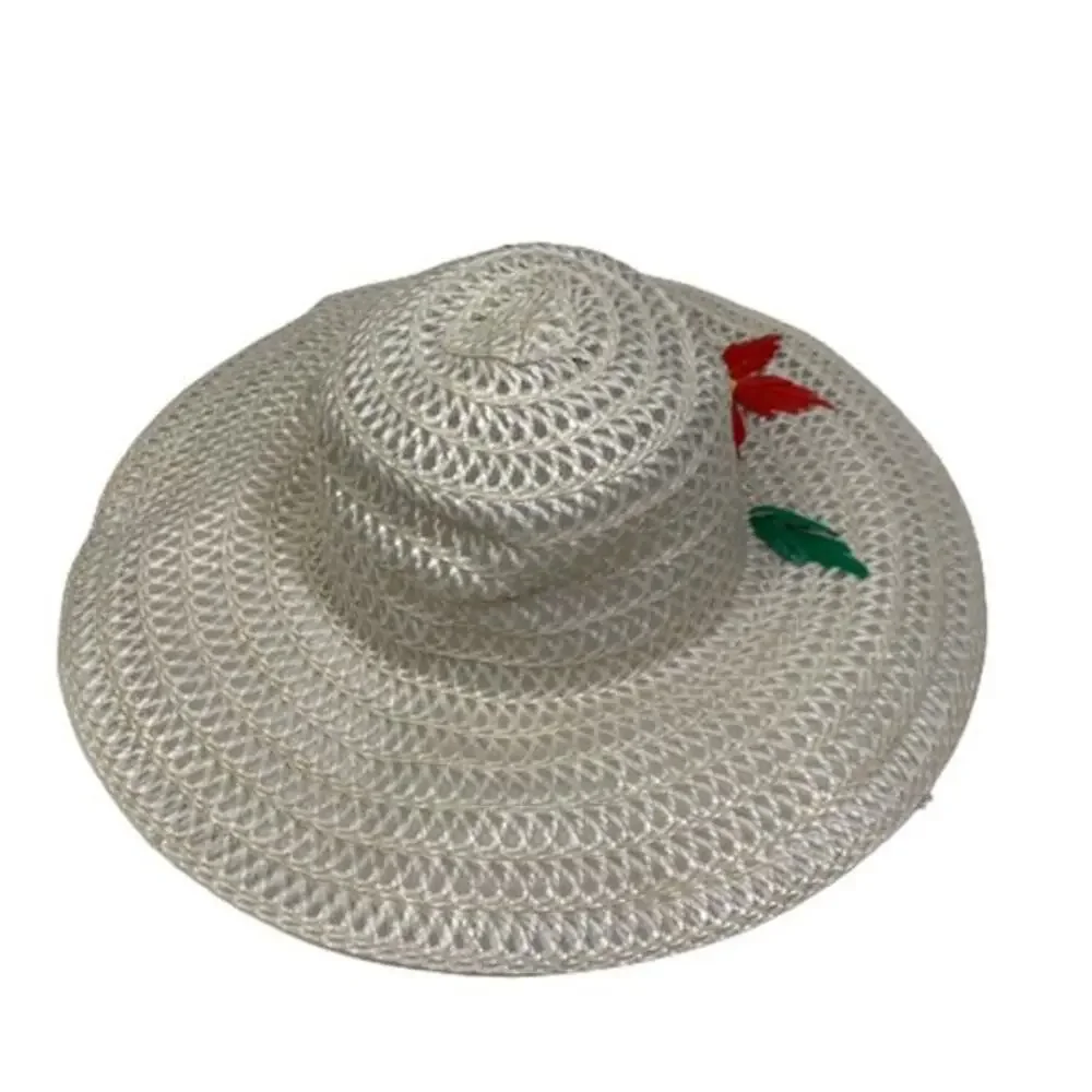 PARIS ACCESSORIES‎ Hat Vintage Floral Straw Wide Brim Beach Sun White Retro